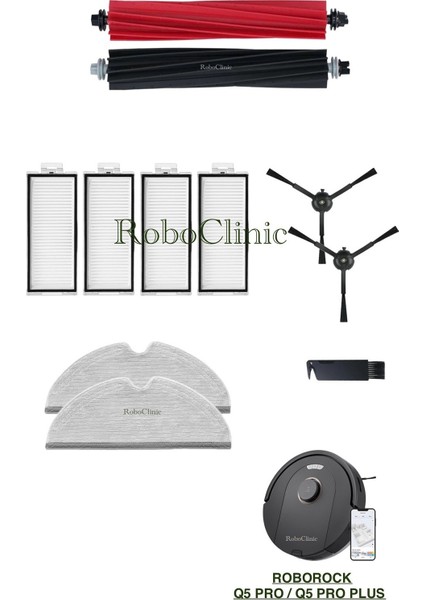 Roborock Q5 Pro / Q5 Pro Plus Yedek Ana Fırça, Yan Fırça, Hepa Filtre, Mop - 11 Parça