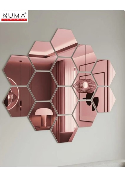 Altıgen Bal Peteği 14'lü Aynalı Pleksi Duvar Dekorasyon Lazer Kesim 10X10 cm (Kendinden Yapışkanlı)