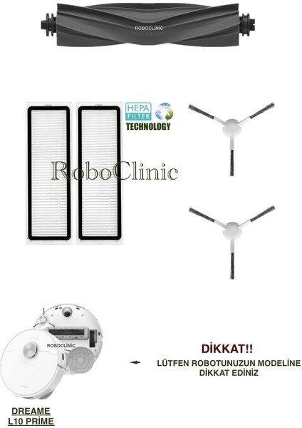 Dreame L10 Prime Yedek Ana Fırça, Yan Fırça, Hepa Filtre - 5 Parça