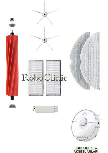 Roborock S7 Beyaz Yedek Ana Fırça, Yan Fırça, Hepa Filtre, Mop - 8 Parça
