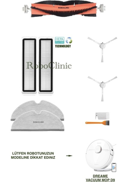 Dreame Vacuum Mop D9 Yedek Ana Fırça, Yan Fırça, Hepa Filtre, Mop - 9 Parça