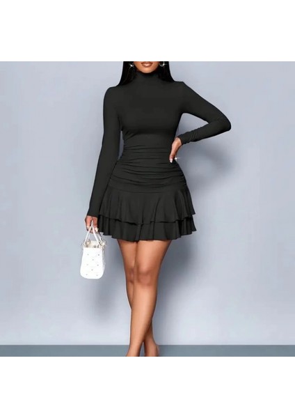 Mdb Kadın Uzun Kollu Balıkçı Yaka Mini Fırfırlı Sandy Elbise