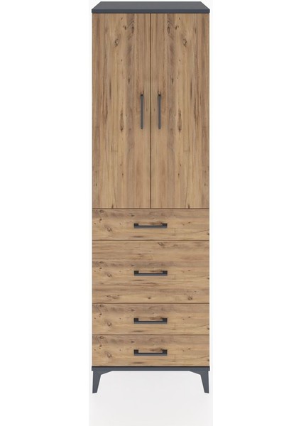 Hyperion Dolap 3 Raflı 4 Çekmeceli 2 Kapaklı 60X44X195 Antrasit-Çam