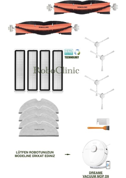 Dreame Vacuum Mop D9 Yedek Ana Fırça, Yan Fırça, Hepa Filtre, Mop - 16 Parça