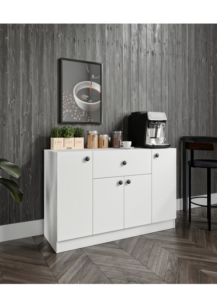%100 Mdf 4 Kapaklı 1 Çekmeceli Çok Amaçlı Mutfak Dolabı – Kahve Köşesi – Erzak Dolabı (80X120X40 Cm) Moriva Ceviz-Soft Beyaz
