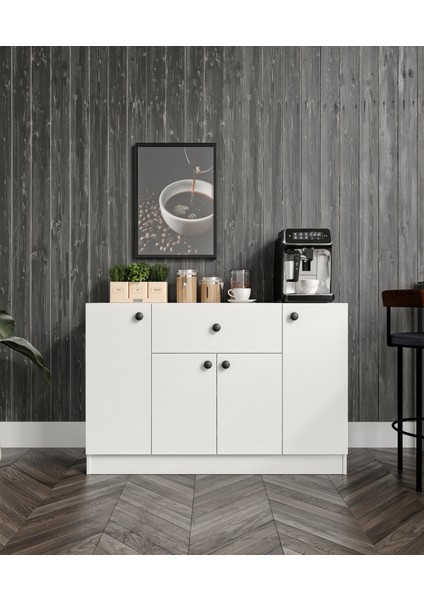 %100 Mdf 4 Kapaklı 1 Çekmeceli Çok Amaçlı Mutfak Dolabı – Kahve Köşesi – Erzak Dolabı (80X120X40 Cm) Moriva Ceviz-Soft Beyaz