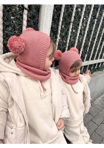Ponponlu Unisex El Örgüsü Bebek/çocuk Bere-Boyunluk Takımı