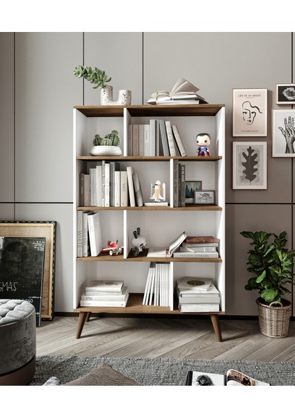 % 100 Mdf Moriva Kitaplık 8 Bölüm 4 Raf Soft Beyaz- Ceviz 180 cm