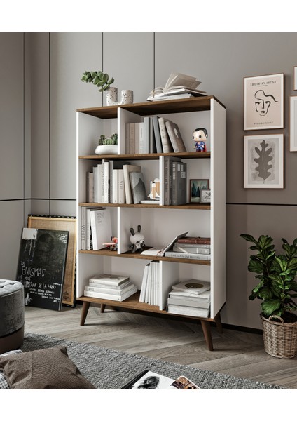 % 100 Mdf Moriva Kitaplık 8 Bölüm 4 Raf Soft Beyaz- Ceviz 180 cm fiyatları