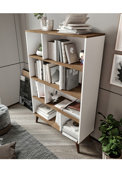 % 100 Mdf Moriva Kitaplık 8 Bölüm 4 Raf Soft Beyaz- Ceviz 180 cm modelleri