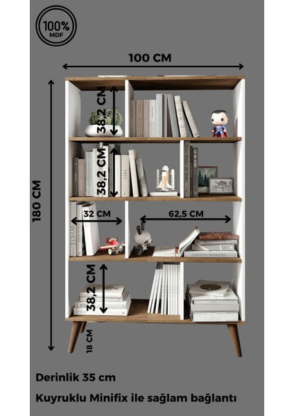 % 100 Mdf Moriva Kitaplık 8 Bölüm 4 Raf Soft Beyaz- Ceviz 180 cm