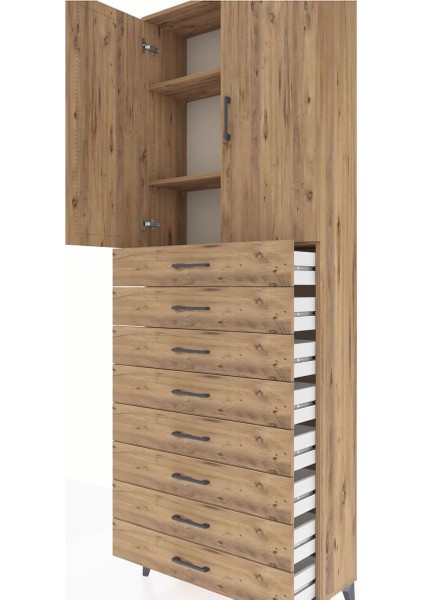Arges Dolap 3 Raflı 8 Çekmeceli 2 Kapaklı 88X30X243 Çam-Çam indirimleri