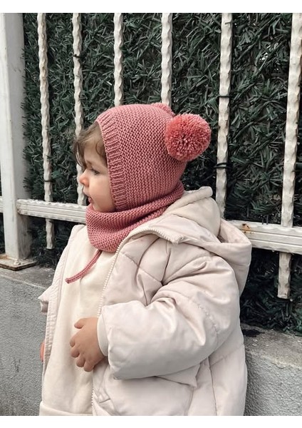 Ponponlu Unisex El Örgüsü Bebek/çocuk Bere-Boyunluk Takımı