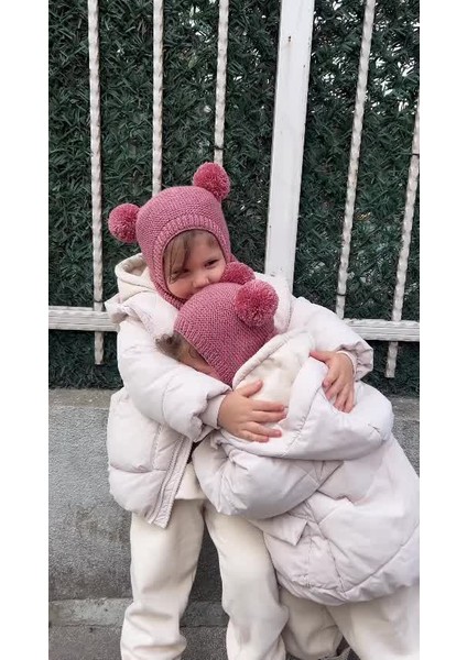 Ponponlu Unisex El Örgüsü Bebek/çocuk Bere-Boyunluk Takımı