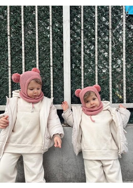 Ponponlu Unisex El Örgüsü Bebek/çocuk Bere-Boyunluk Takımı