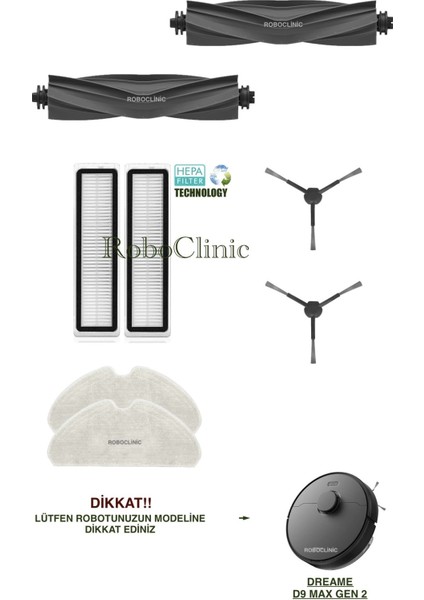 Dreame D9 Max Gen 2 Yedek Ana Fırça, Yan Fırça, Hepa Filtre, Mop - 8 Parça