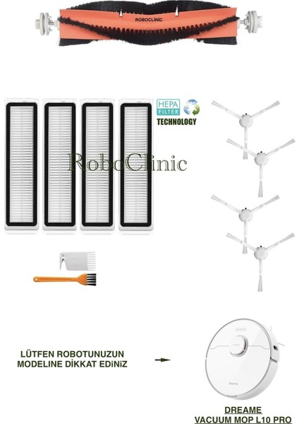 Dreame Vacuum Mop L10 Pro Beyaz Yedek Ana Fırça, Yan Fırça, Hepa Filtre - 11 Parça