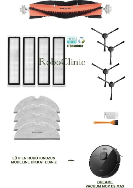Dreame Vacuum Mop D9 Max Yedek Ana Fırça, Yan Fırça, Hepa Filtre, Mop - 15 Parça