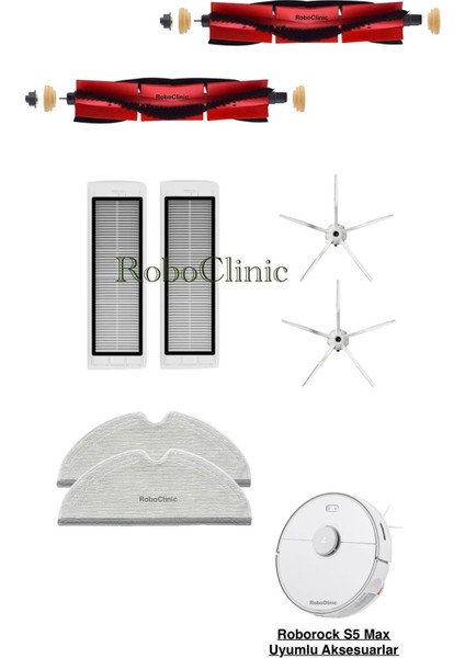 Roborock S5 Max Beyaz Robot Süpürge Uyumlu Yedek Fırça, Hepa Filtre, Mop - 8 Parça