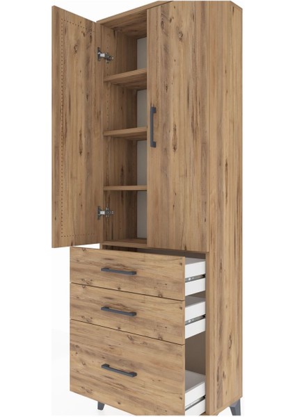 Arges Dolap 4 Raflı 3 Çekmeceli 2 Kapaklı 60X30X182 Çam-Çam indirimleri