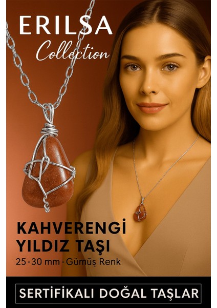 Sertifikalı Gümüş Tel Sargılı Doğal Kahverengi Yıldız Taşı Kolye – 25-30 mm Enerji ve Parıltı Taşı