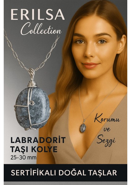 Sertifikalı Gümüş Tel Sargılı Doğal Labradorit Taşı Kolye – 25-30 mm Sezgi ve Koruma Taşı