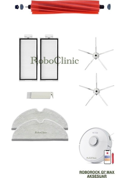 Roborock Q7 Max Beyaz Yedek Ana Fırça, Yan Fırça, Hepa Filtre, Mop - 8 Parça
