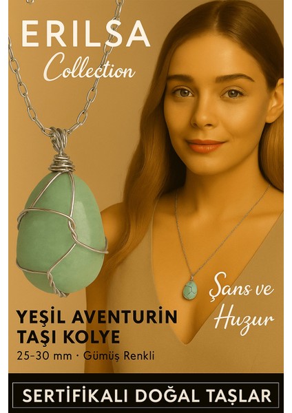 Sertifikalı Gümüş Tel Sargılı Doğal Aventurin Taşı Kolye – 25-30 mm Şans ve Denge Taşı