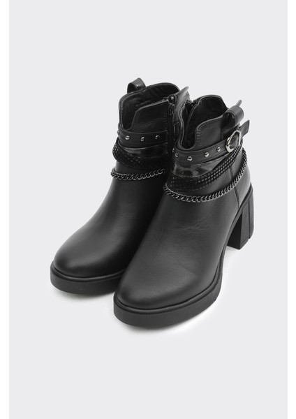 Hakiki Deri Fermuarlı Zincir Aksesuarlı Topuklu Kadın Bot fiyatları