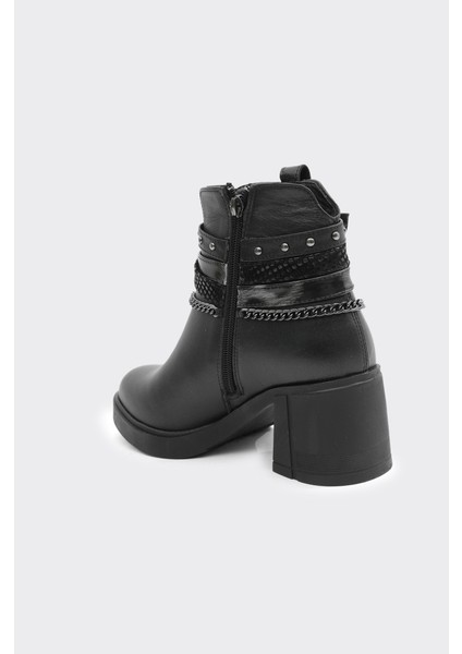 Hakiki Deri Fermuarlı Zincir Aksesuarlı Topuklu Kadın Bot modelleri
