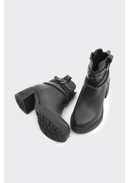 Hakiki Deri Fermuarlı Zincir Aksesuarlı Topuklu Kadın Bot fırsatları