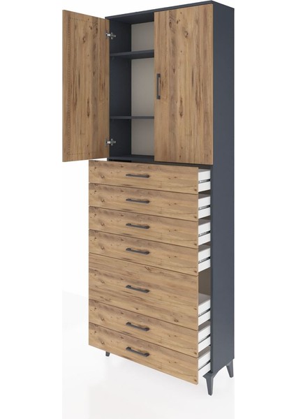 Arges Dolap 3 Raflı 5 Çekmeceli 2 Kapaklı 88X30X243 Antrasit-Çam fırsatları