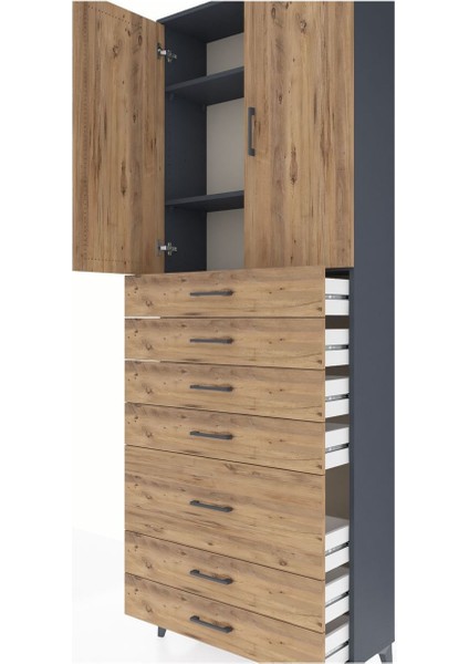 Arges Dolap 3 Raflı 5 Çekmeceli 2 Kapaklı 88X30X243 Antrasit-Çam indirimleri