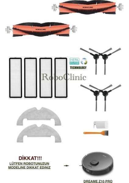 Dreame Bot Z10 Pro Yedek Ana Fırça, Yan Fırça, Hepa Filtre, Mop - 14 Parça