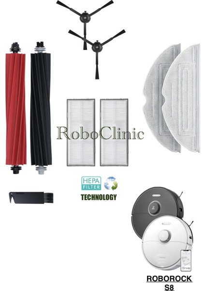 Roborock S8 Yedek Ana Fırça, Yan Fırça, Hepa Filtre, Mop - 9 Parça