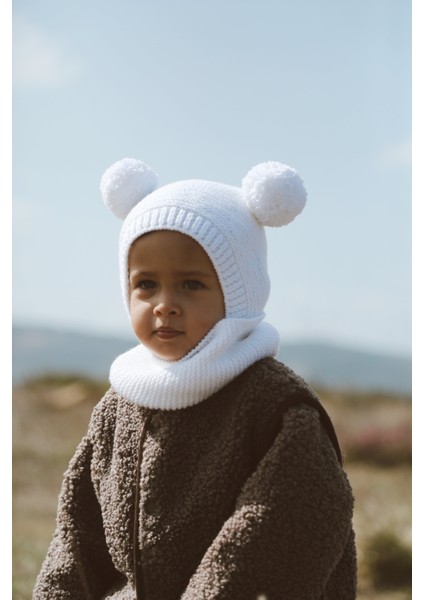 Ponponlu Unisex El Örgüsü Bebek/çocuk Bere-Boyunluk Takımı