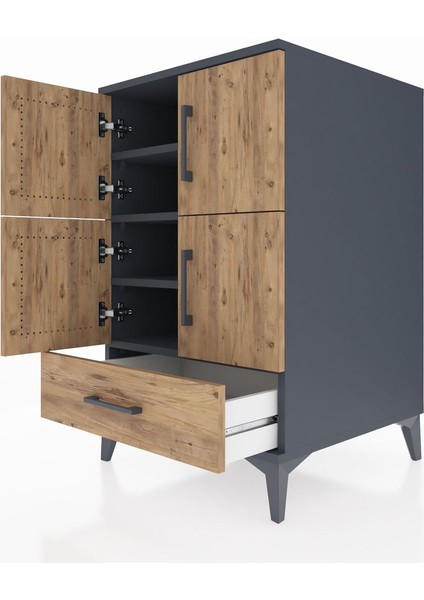 Kronos Komodin 4 Raflı Tek Çekmeceli 4 Kapaklı 60X59X96 Antrasit-Çam indirimleri