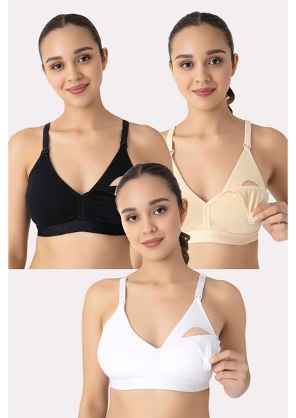 Çıkarılabilir Pedli Emzirme Sütyeni 3'lü Beyaz Siyah Ten Pamuklu Göğüs Ucu Belli Etmez
