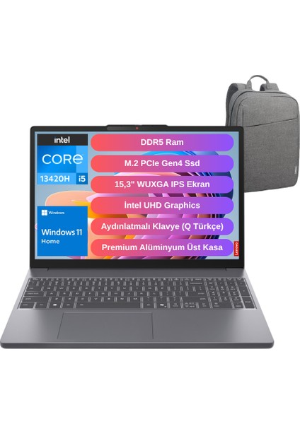 Ideapad Slim 3 15IRH10 Intel Core I5-13420H 24GB 512GB SSD 15.3" Wuxga IPS Windows 11 Home Dizüstü Bilgisayar - Lenovo Çanta WZ18