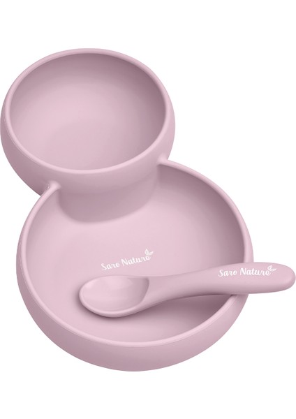 Pembe Silikon Ikiz Tabak Kase ve Kaşık Seti