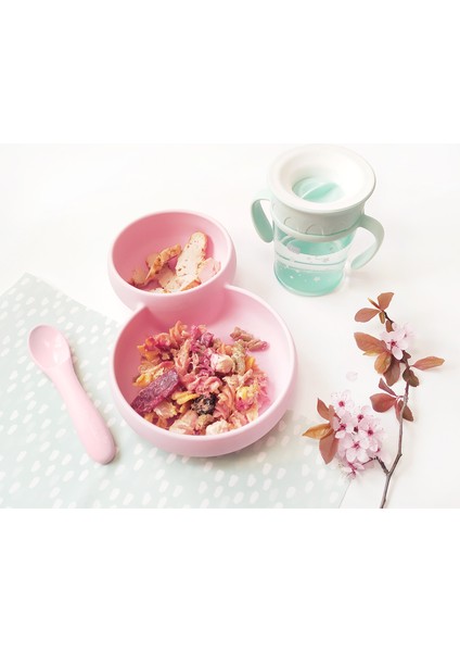 Pembe Silikon Ikiz Tabak Kase ve Kaşık Seti fiyatları