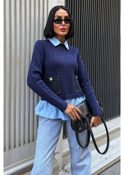 Poplin ve Denim Garnili Triko Kazak -Lacivert