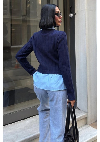 Poplin ve Denim Garnili Triko Kazak -Lacivert fiyatları