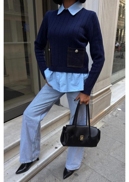 Poplin ve Denim Garnili Triko Kazak -Lacivert modelleri