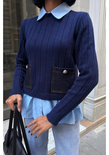 Poplin ve Denim Garnili Triko Kazak -Lacivert fırsatları