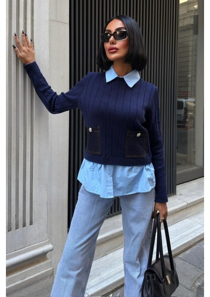 Poplin ve Denim Garnili Triko Kazak -Lacivert indirimleri