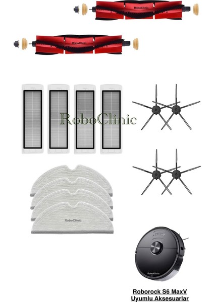 Roborock S6 Maxv Yedek Ana Fırça, Yan Fırça, Hepa Filtre, Mop - 14 Parça