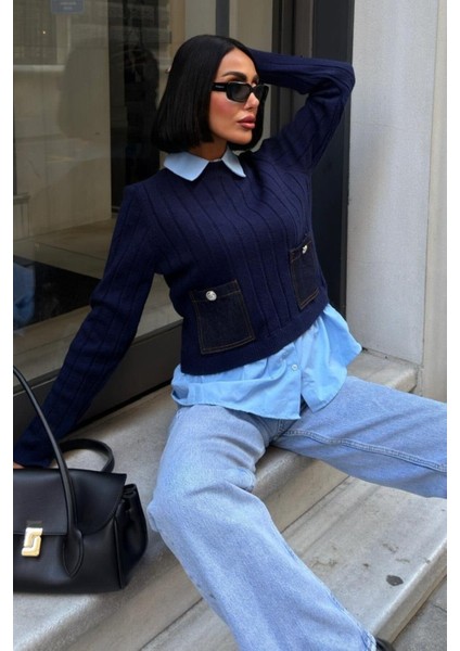 Poplin ve Denim Garnili Triko Kazak -Lacivert