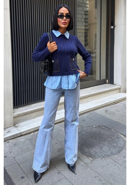 Poplin ve Denim Garnili Triko Kazak -Lacivert
