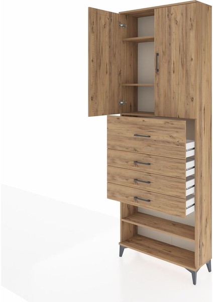 Arges Dolap 4 Raflı 4 Çekmeceli 2 Kapaklı 88X30X243 Çam-Çam fırsatları